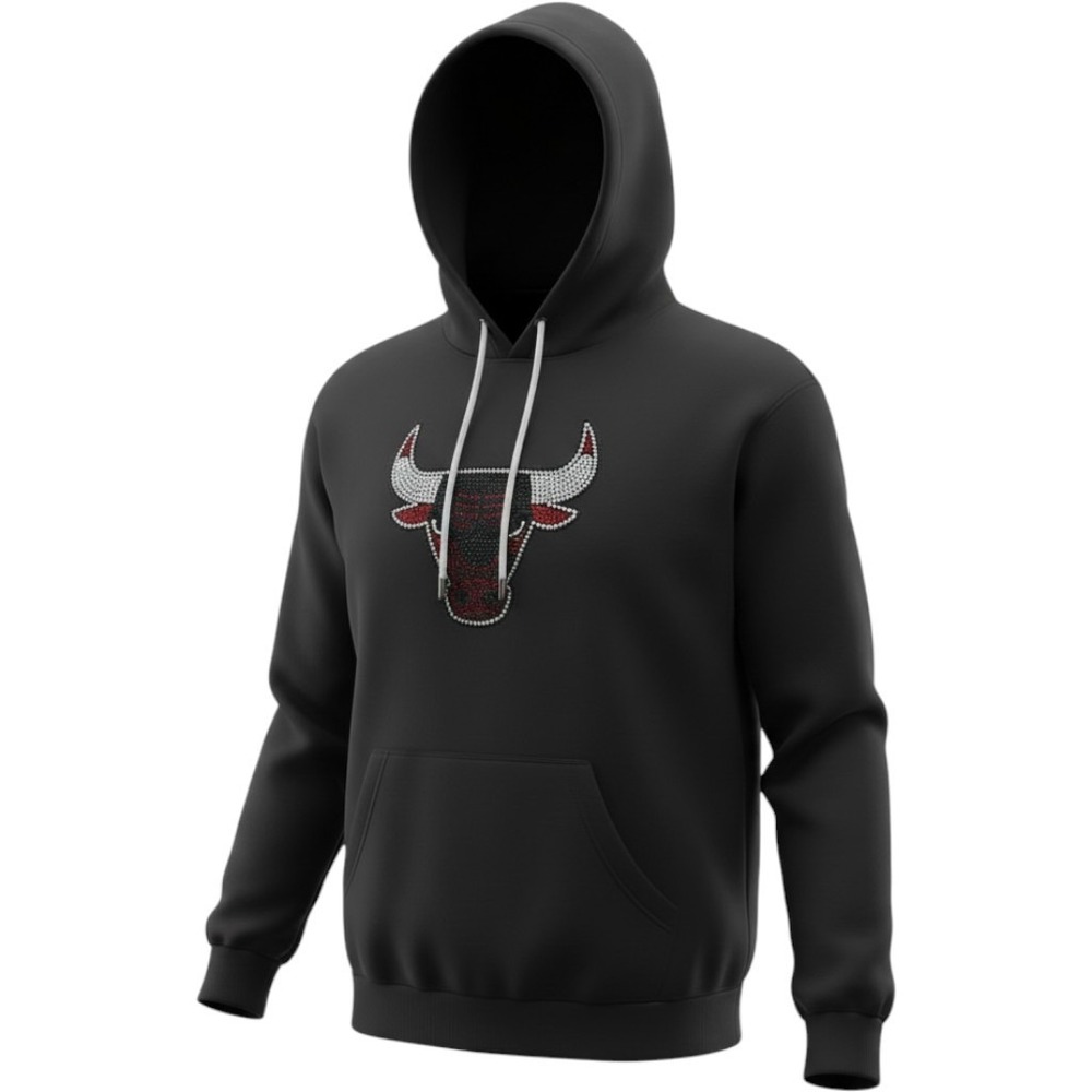 Chicago Bulls Rhinestone Pullover Hoodie Bling Sweatshirt Black Women L